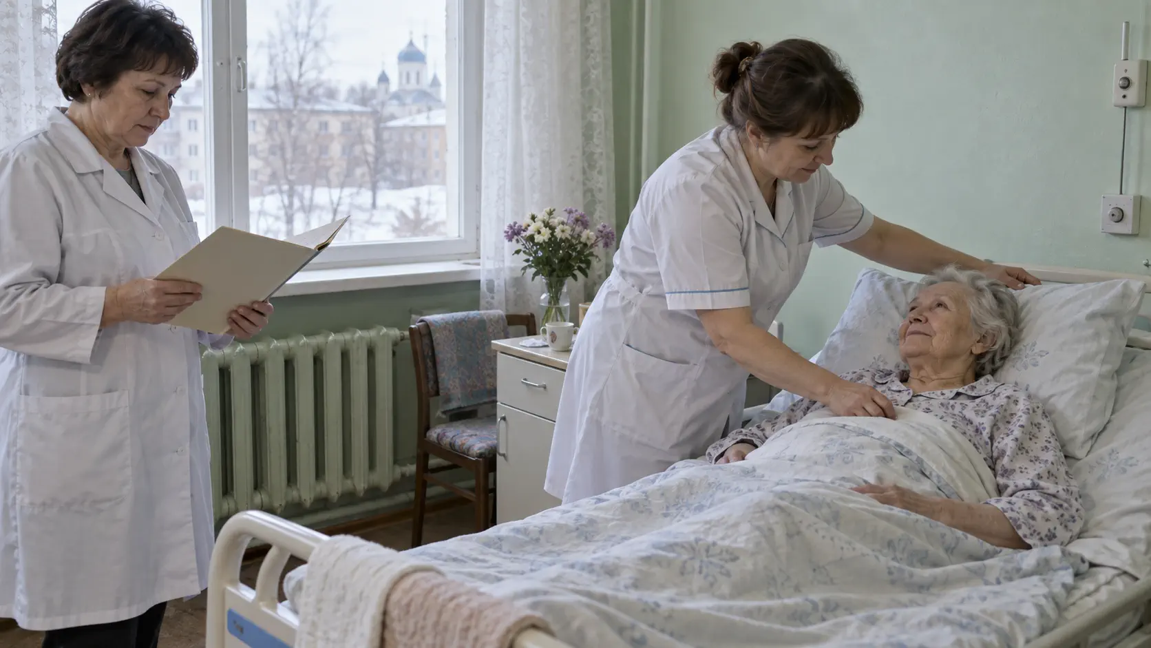 Медицинский работник обсуждает план ухода за пожилой пациенткой в больничной палате