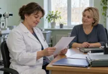 Офтальмолог изучает расчетный листок в кабинете медицинской организации