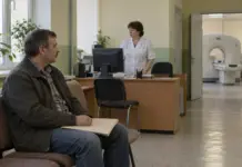 Пациентка у стойки записи на компьютерную томографию в клинике