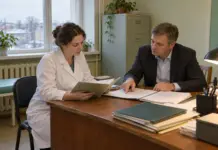 Врач и администратор больницы обсуждают документы о трудовых отношениях