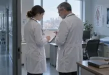 Молодой врач и наставник обсуждают медицинскую документацию в клинике